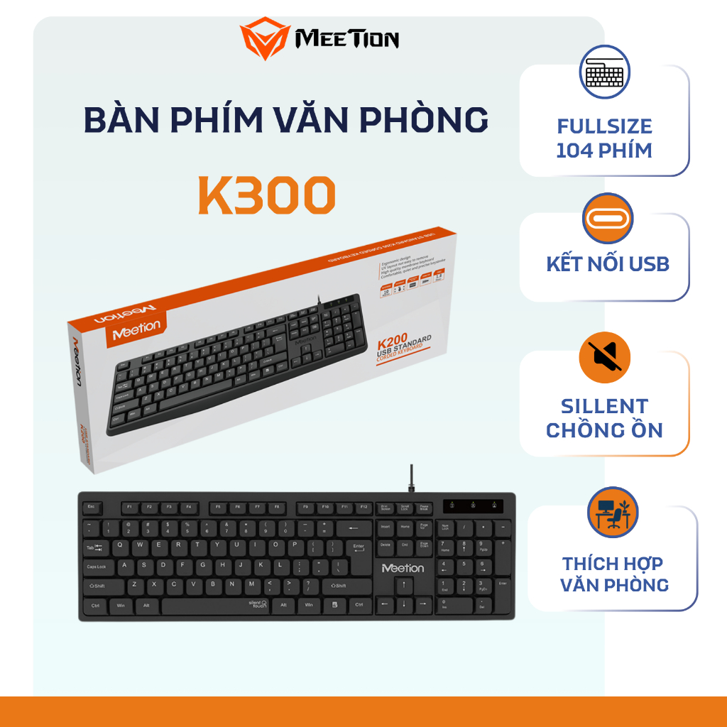 Bàn phím văn phòng chống ồn K300 MeeTion 104 phím thiết kế Ergonomic keycap gia công UV độ bền cao