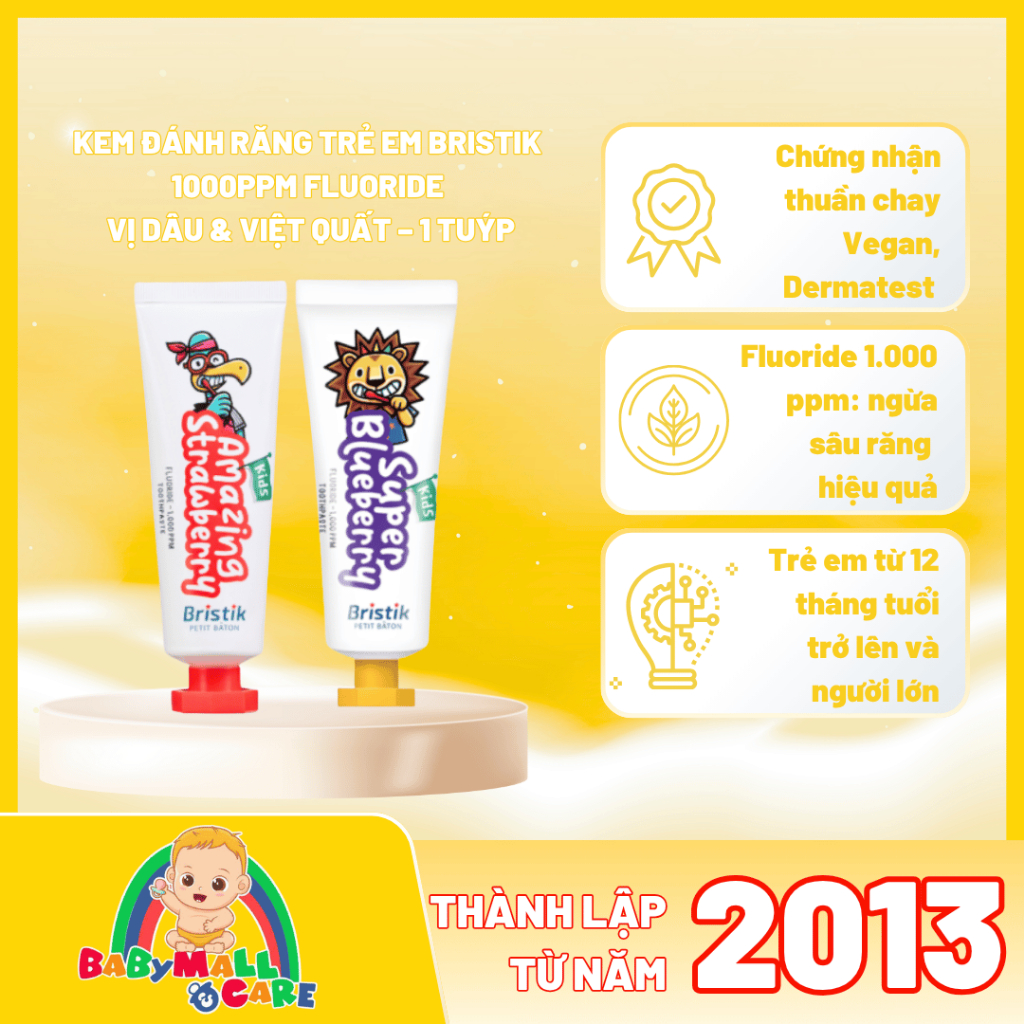 Kem Đánh Răng Trẻ Em Bristik – 1000ppm Fluoride – Vị Dâu & Việt Quất – 1 Tuýp