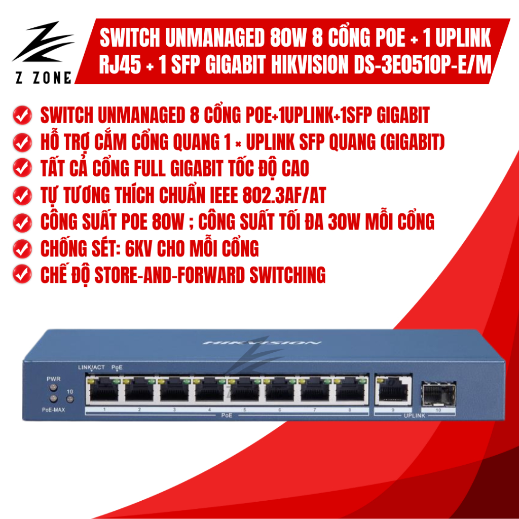Switch Unmanaged 80W 8 cổng PoE full gigabit + 1 uplink RJ45 + 1 SFP Hikvision DS-3E0510P-E/M