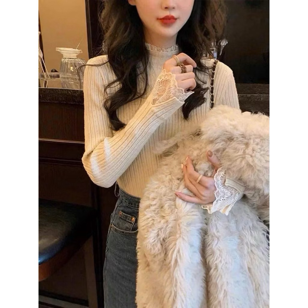 Áo Len Mỏng Giữ Nhiệt Phối Cổ Tay Ren Tiểu Thư siêu xinh style Ulzzang-Dành Cho Nữ | BigBuy360 - bigbuy360.vn
