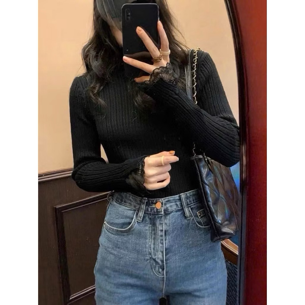 Áo Len Mỏng Giữ Nhiệt Phối Cổ Tay Ren Tiểu Thư siêu xinh style Ulzzang-Dành Cho Nữ | BigBuy360 - bigbuy360.vn