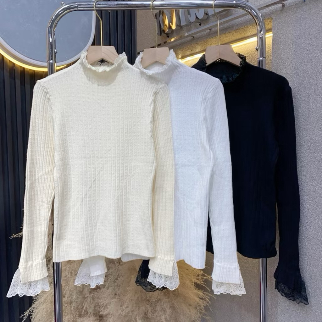 Áo Len Mỏng Giữ Nhiệt Phối Cổ Tay Ren Tiểu Thư siêu xinh style Ulzzang-Dành Cho Nữ | BigBuy360 - bigbuy360.vn