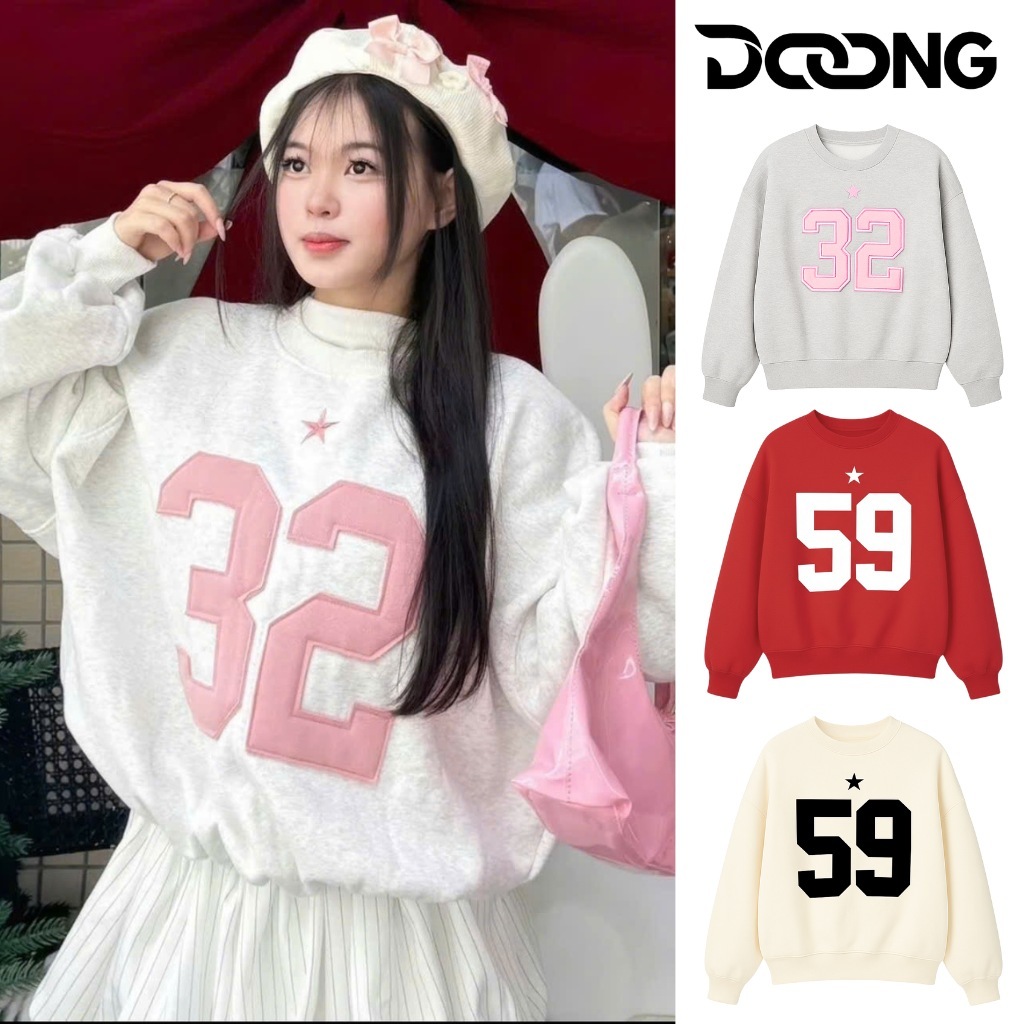 Áo SWEATER THÊU NỔI SỐ Chất Nỉ Bông Dày Dặn Unisex KN29, Áo Khoác Nam Nữ số 32, số 59, Form Boxy DOO