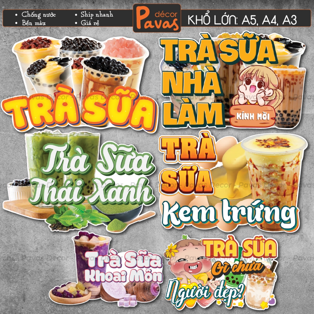 Decal Trà Sữa, Trân Châu Đường Đen chống nước trang trí dán quán trà sữa, cà phê, quán ăn, dán tường, tủ. TTQ