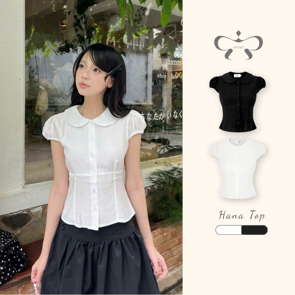  AREUM Áo sơ mi tay bồng cổ sen HANA Top dáng ôm 