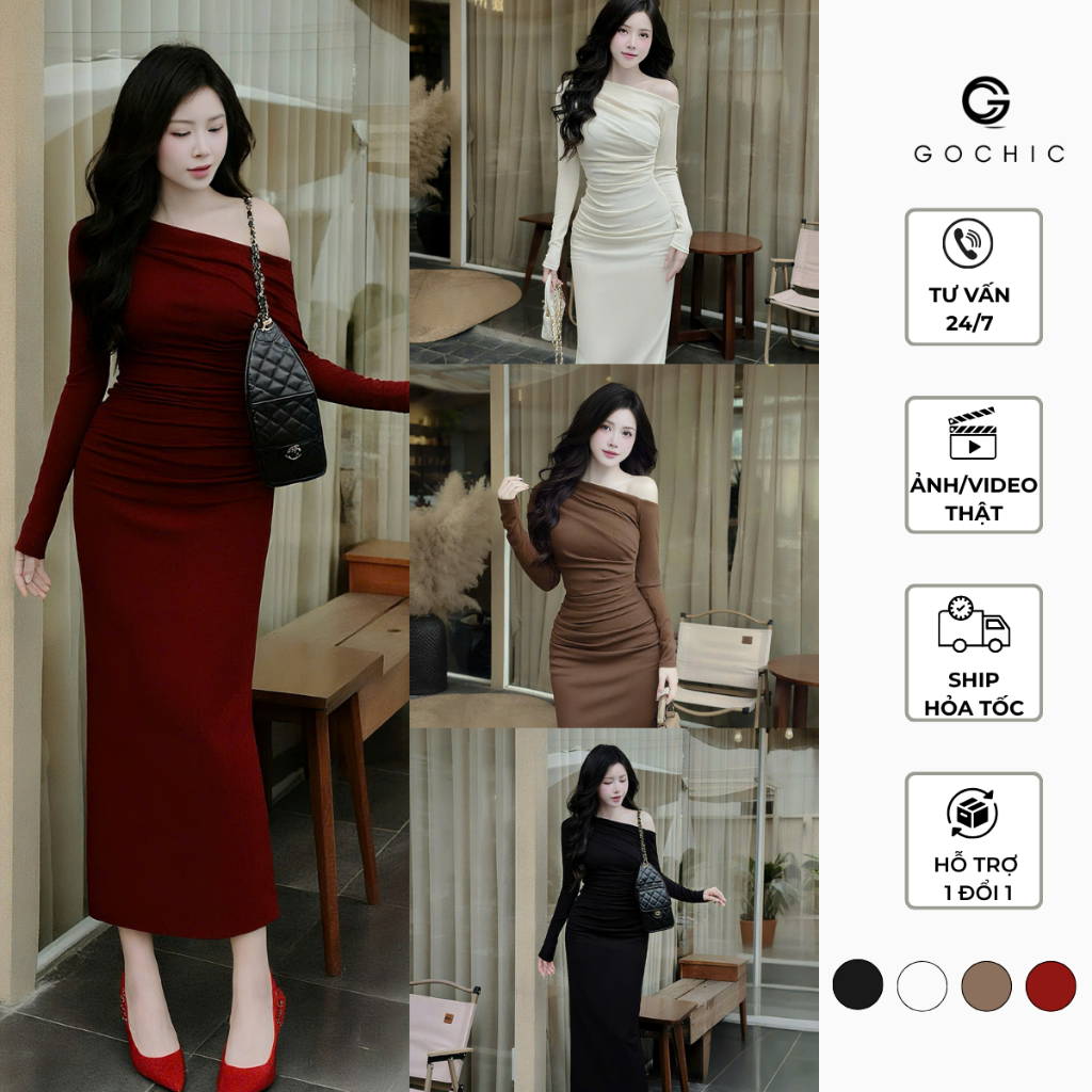 Đầm Lệch Vai Ôm Dáng Dài Gochic - Đầm thun ôm body Chất Thun Tăm Co Dãn, Mềm Mại - NN0076