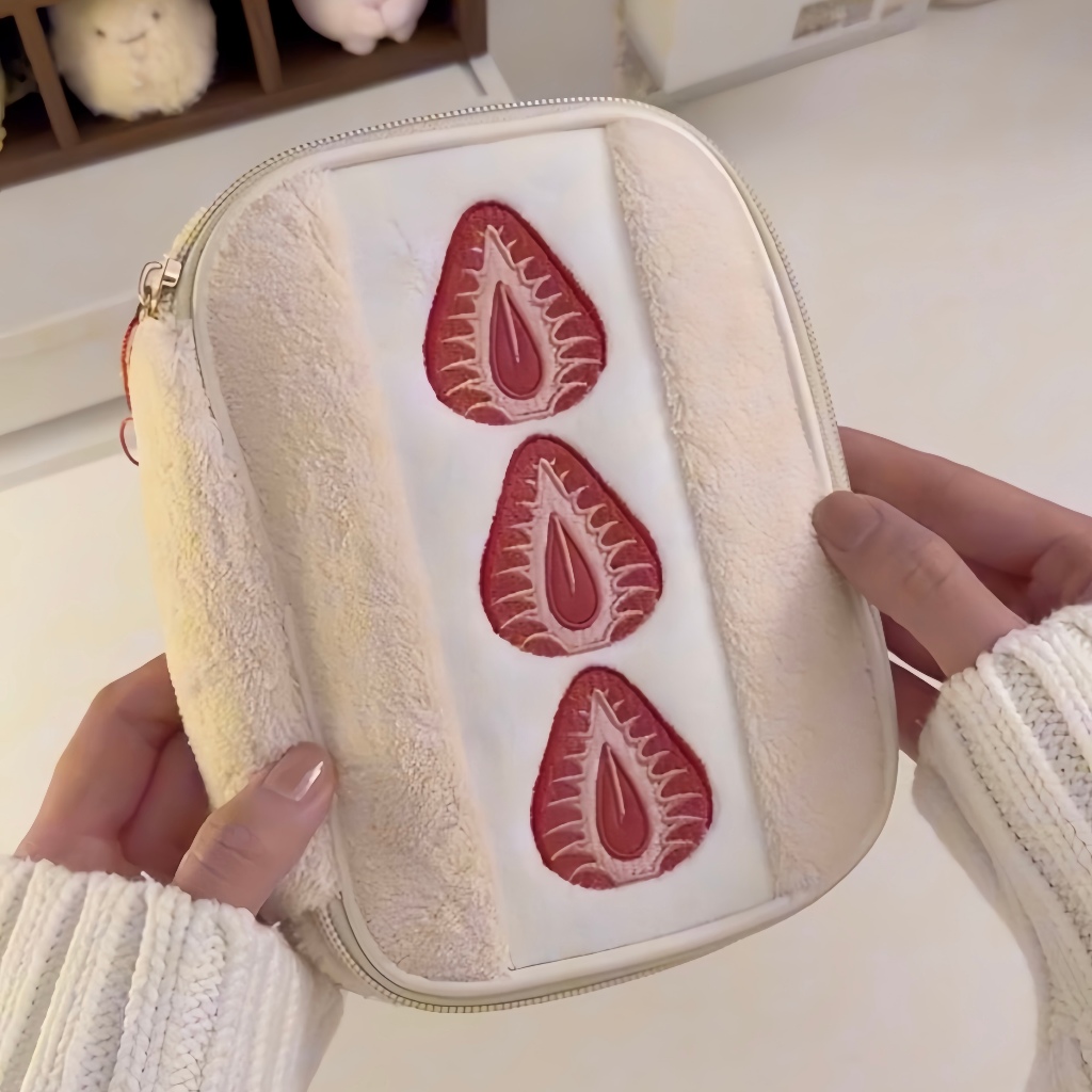 💖Túi Đựng Dâu Tây Lông Mềm Dễ Thương, Dạng Sandwich, Đa Năng Đựng Thẻ & Văn Phòng Phẩm