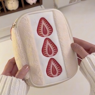 💖Túi Đựng Dâu Tây Lông Mềm Dễ Thương, Dạng Sandwich, Đa Năng Đựng Thẻ & Văn Phòng Phẩm