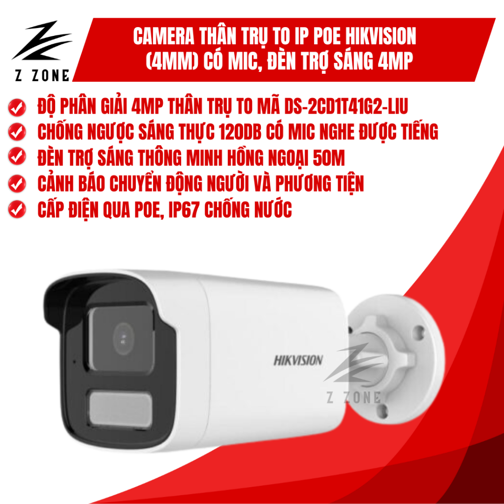 Camera Hikvision IP 4MP POE thân trụ to HIKVISION DS-2CD1T41G2-LIU, Hồng Ngoại  50m