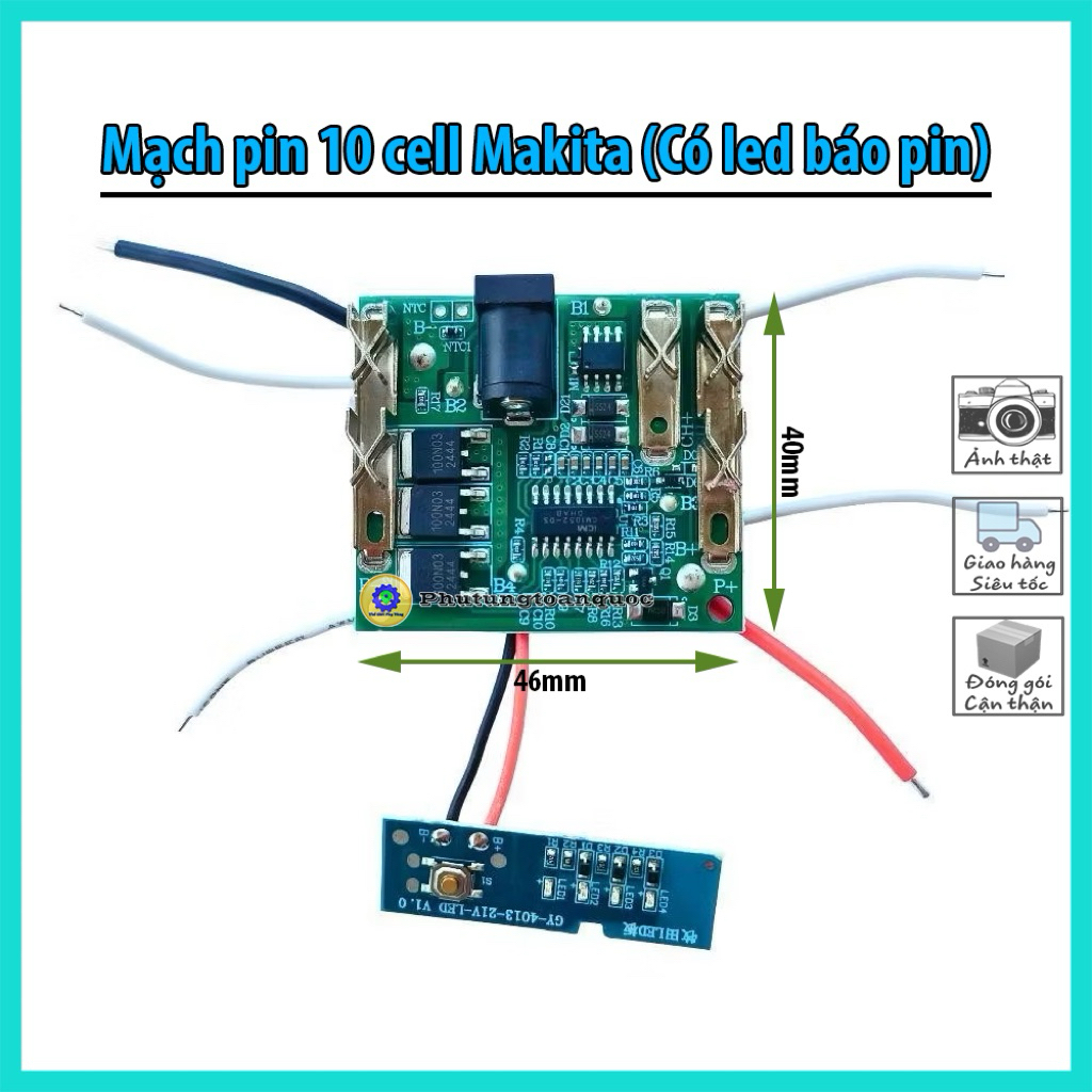 Mạch Pin Makita Chân Sạc 40mm, Combo 1 Mạch + 1 Báo Pin, Mạch 5s1p, 5s2p (18-21v) 3 Mosfet Xả