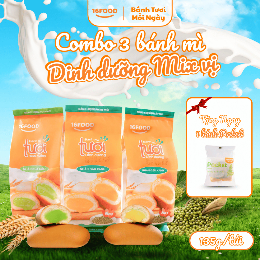 [ Combo 3 Tặng 1 Pocket ] Bánh Mỳ Tươi Dinh Dưỡng - Vị Đậu Xanh, Bánh Ăn Sáng/Ăn Dặm | 16Food