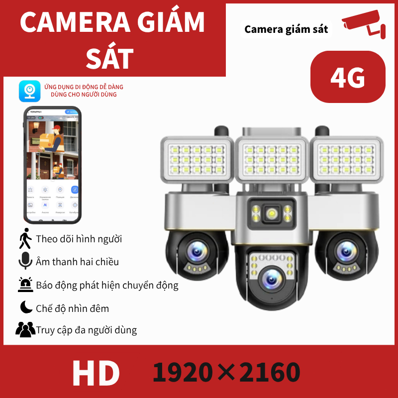 Camera 3 Mắt Solar 4G 1080P - Quan Sát 360° Ngoài Trời, Đàm Thoại 2 Chiều, Ứng Dụng V380 Pro