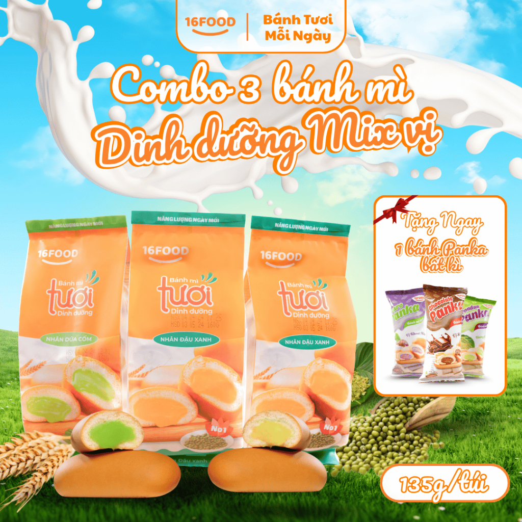 [ Combo 3 Tặng 1 Panka ] Bánh Mỳ Tươi Dinh Dưỡng - Vị Đậu Xanh, Bánh Ăn Sáng/Ăn Dặm | 16Food