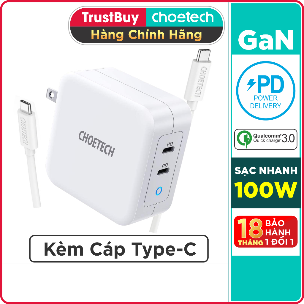 Củ Sạc Laptop Macbook Smartphone GaN PD 100W CHOETECH PD6008 Tặng Kèm Dây Cáp 100W  Hàng Chính Hãng