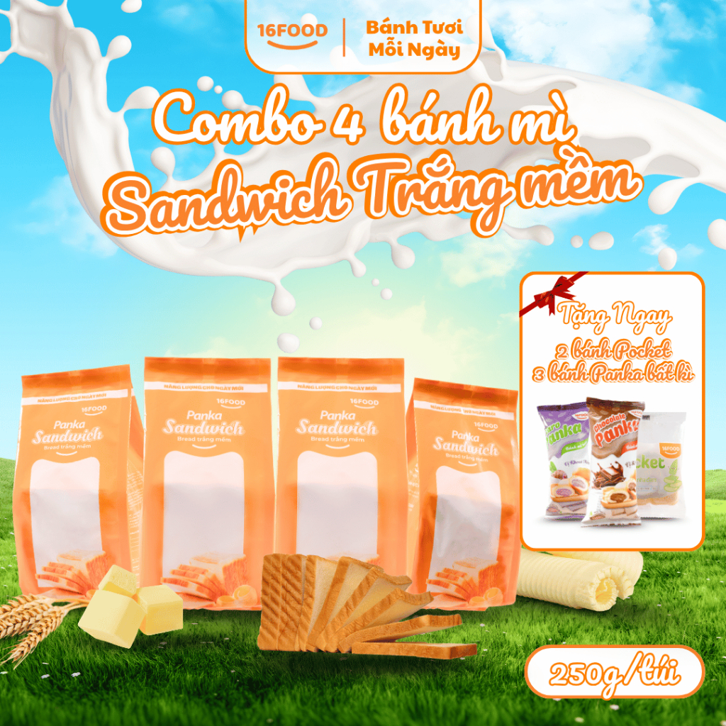 [ Combo 4 Tặng 5 ( 3 Panka, 2 Pocket ) ] Bánh Mỳ Tươi Sandwich Panka Mềm, Bữa Sáng/Phụ | 16Food
