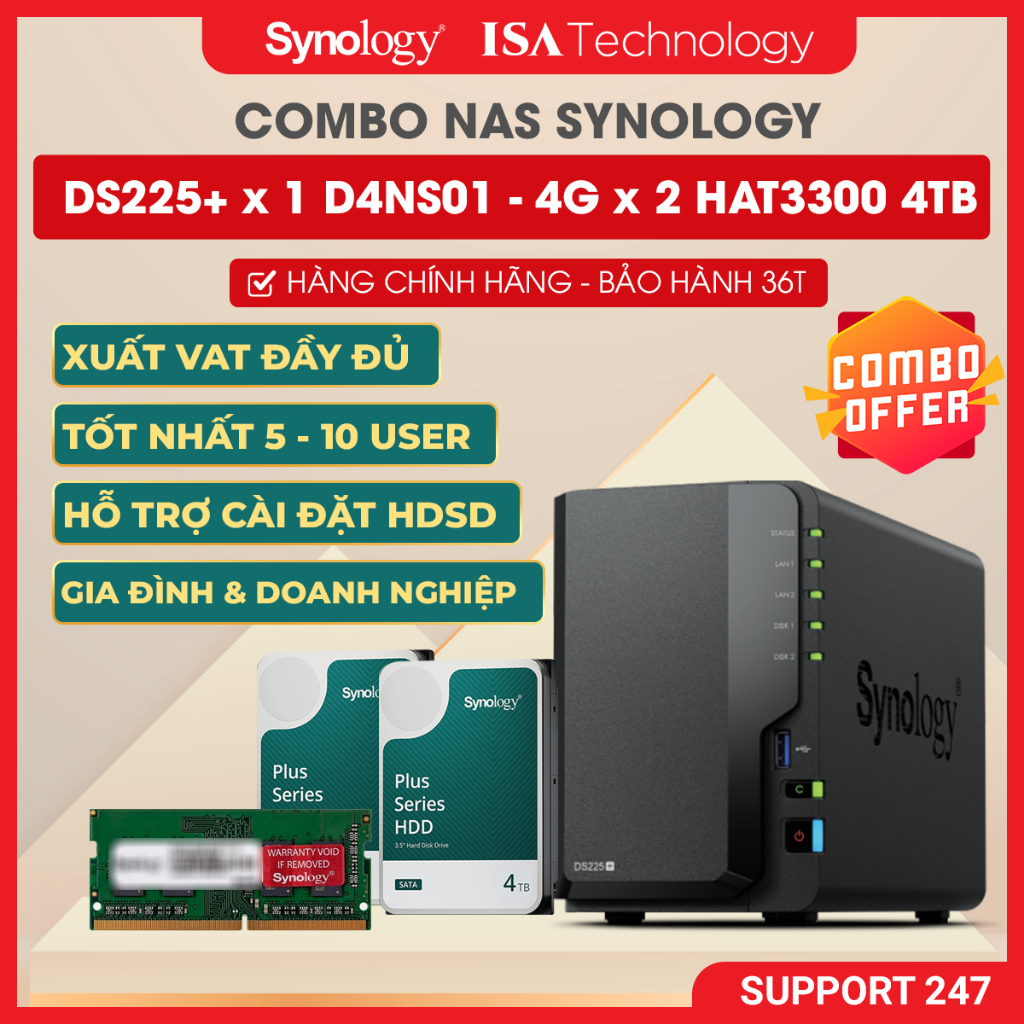 [COMBO] NAS Synology DS225+ x 1 RAM Synology D4NS01- 4G x 2 HAT 3300 4TB thiết bị lưu trữ 2 bay