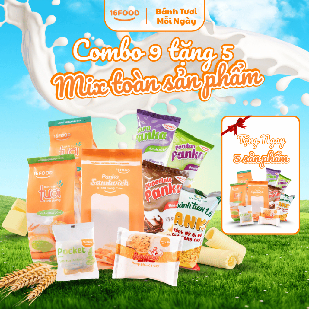 [ Combo 9 Bánh Tặng 5 Bánh Ngẫu Nhiên ] Bánh Sanwich, Panka, Pocket, Rong Biển Gà Cay | 16Food