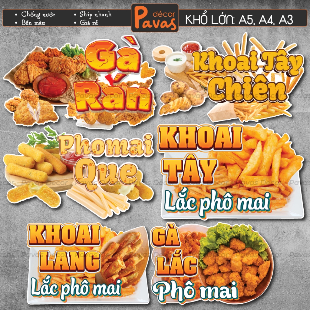 Decal Gà Rán  Khoai Tây Chiên - Phomai Que - Gà Lắc - Khoai Lang chống nước trang trí dán quán ăn, dán tường, tủ. TTQ