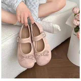 [Peinn] Giày búp bê nữ mũi tròn retro phối nơ chất da lộn lên chân siêu đẹp mã qv26