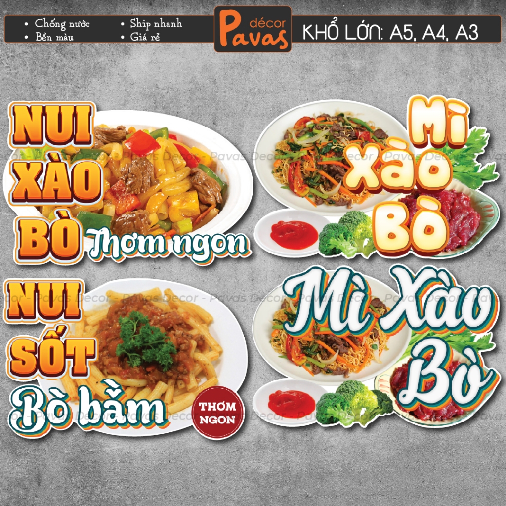 Decal Nui Xào Bò - Mì Xào Bò Chống Nước Trang Trí Quán, Dán Tường, Tủ, Tủ Kính không phai màu. TTQ