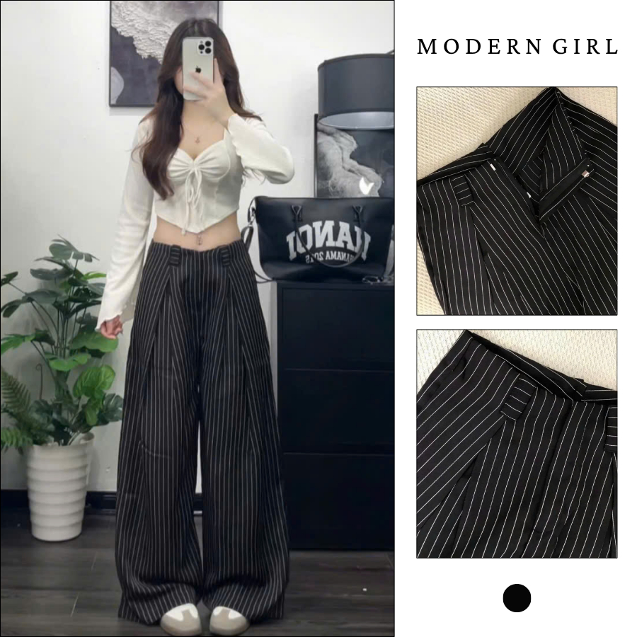 Quần Kẻ Sọc Cạp Trễ, Quần Kẻ Sọc Ống Rộng Cạp Trễ Basic Phong Cách Hàn Quốc Modern Girl