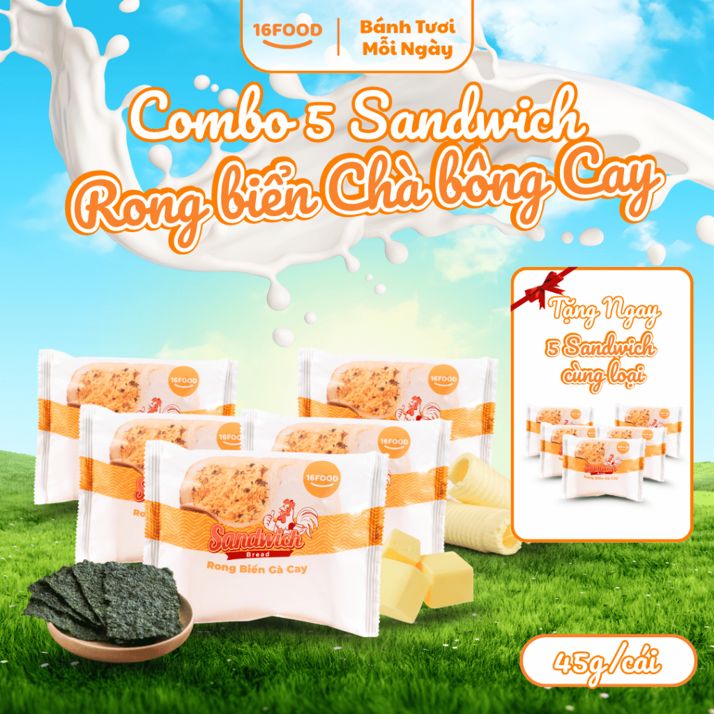 [ Combo 5 Tặng 5 ] Bánh Mỳ Tươi Sandwich Rong Biển Gà Cay 45g - Vị Mặn Cay, Bữa Sáng/Ăn Vặt | 16Food