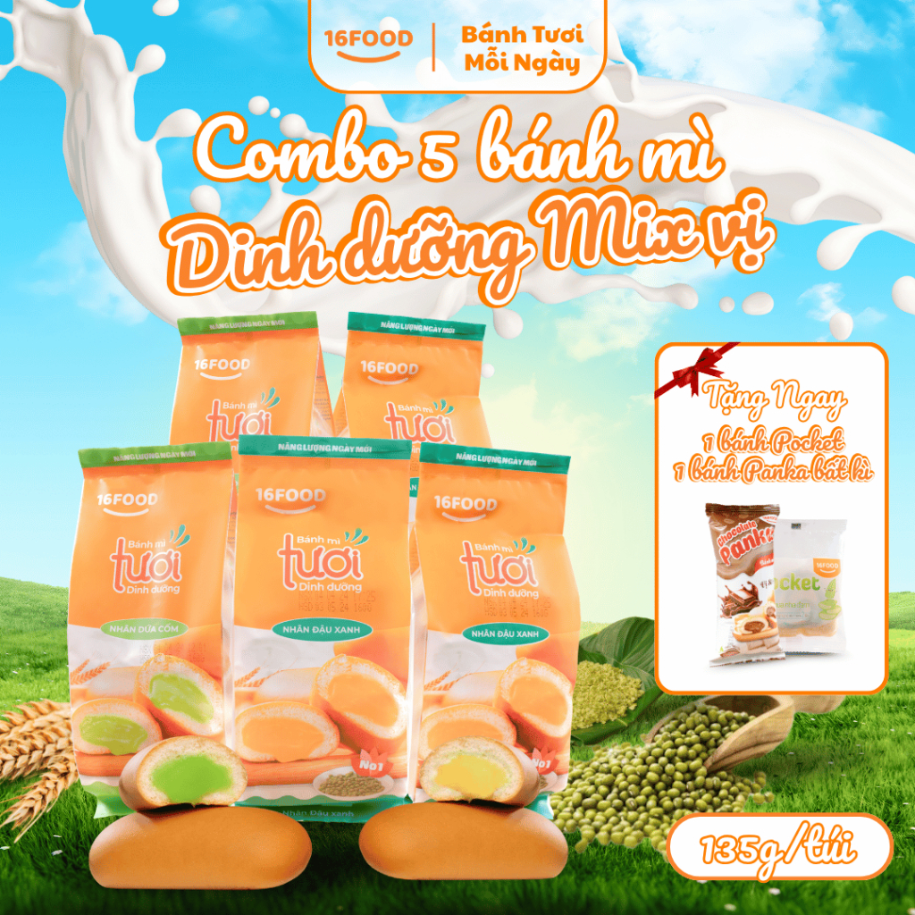 [ Combo 5 Mix Vị Tặng 2 ( 1 Panka, 1 Pocket ) ] Bánh Mỳ Tươi Dinh Dưỡng - Bánh Ăn Sáng | 16Food