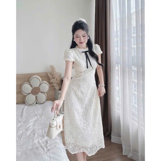  BIGSIZE HIẾU HIẾU  55-100KG  - Váy nữ ren hoa thiết kế cổ tròn viền ngọc đính nơ rời DÁNG DÀI đi tiệc D574 