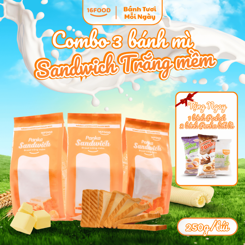 [ Combo 3 Tặng 3 ( 2 Panka, 1 Pocket ) ] Bánh Mỳ Tươi Sandwich Panka Mềm, Bữa Sáng/Bữa Phụ | 16Food