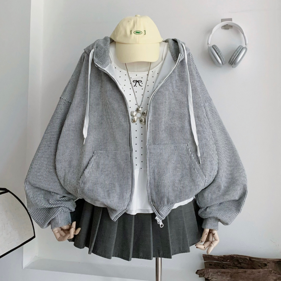 ÁO KHOÁC SỌC FORM RỘNG FORM DÁNG LỬNG BOXY CHẤT VẢI NỈ SỌC 2 DA MỊN - MELIA - 10944 - JEMCLOSET