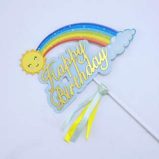 Set 2 thẻ Happy birthday cầu vồng hồng trang trí bánh kem