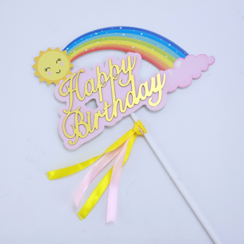 Set 2 thẻ Happy birthday cầu vồng hồng trang trí bánh kem