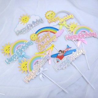 Set 2 thẻ Happy birthday cầu vồng hồng trang trí bánh kem