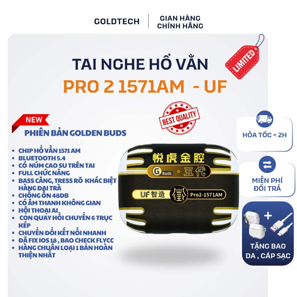 [PRO.2 1571AM UF] Tai Nghe Hổ Vằn 1571AM Bản UF Golden Buds l ANC 48dB l Pin 10H | Micro To Rõ l Âm 