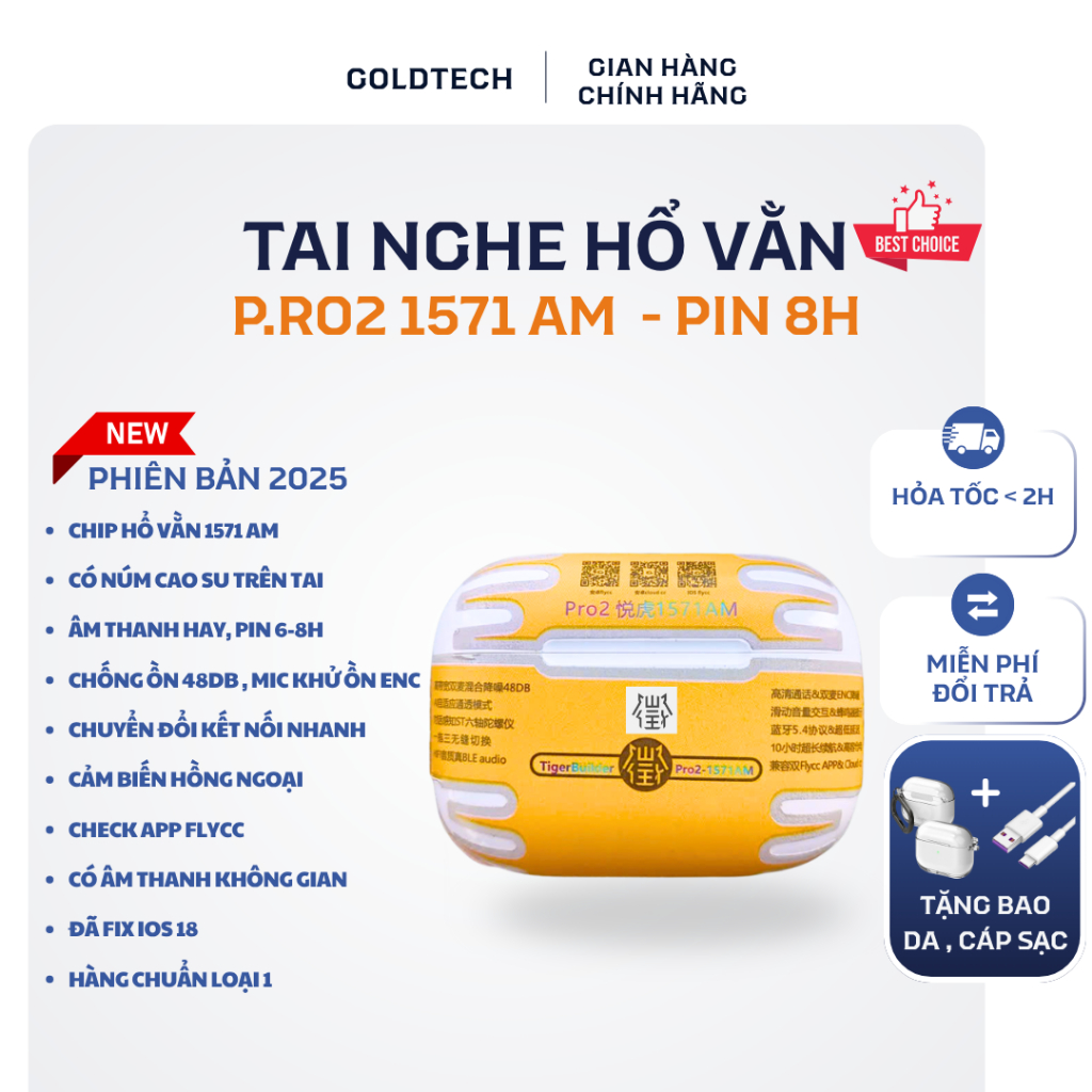 [ Pro 2 1571AM ] Tai Nghe Bluetooth Hổ Vằn Pro 2 Chip 1571AM–Chống Ồn 48dB, Âm Thanh Không Gian, Pin