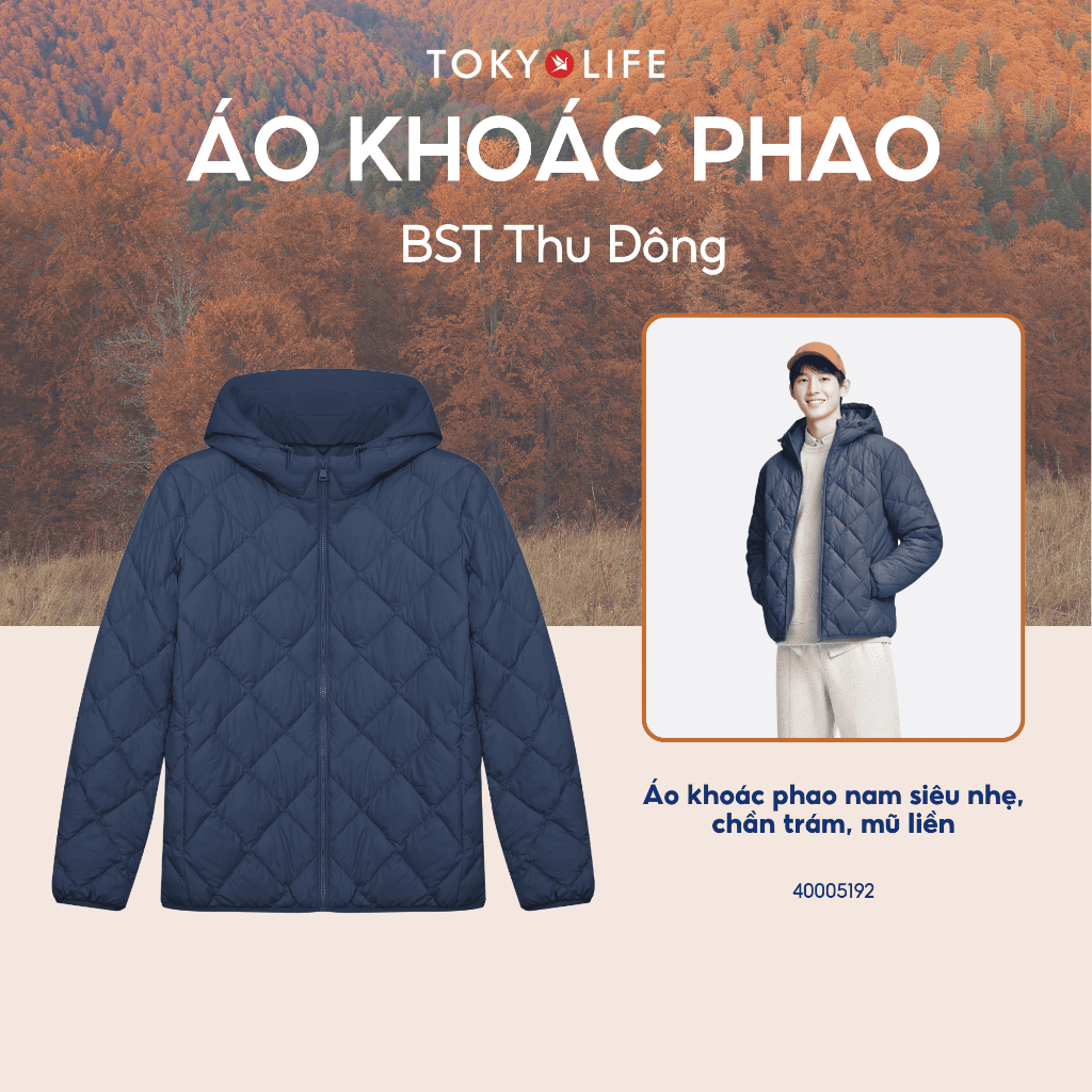 Áo khoác phao nam siêu nhẹ, họa tiết chần trám, mũ liền TOKYOLIFE 40005192