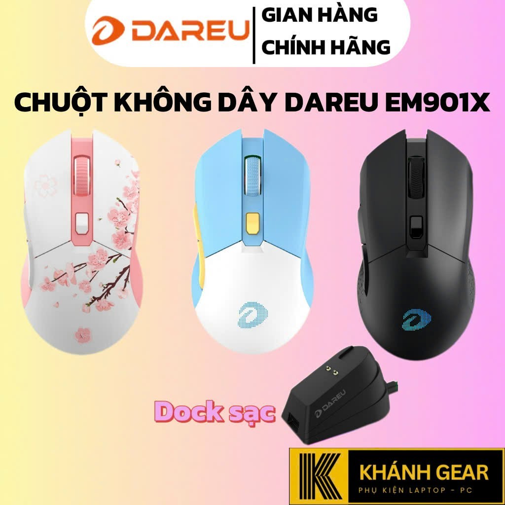 Chuột Game không dây Dareu EM901X RGB LED - Hồng / Trắng / Đen ( Dock sạc )