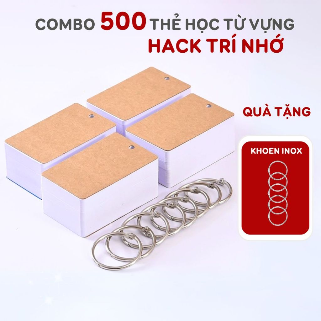Flashcard thẻ học từ vựng combo 500 thẻ loại dày học tiếng anh tiếng nhật ghi chú định lượng 350gsm tặng kèm khoen bút