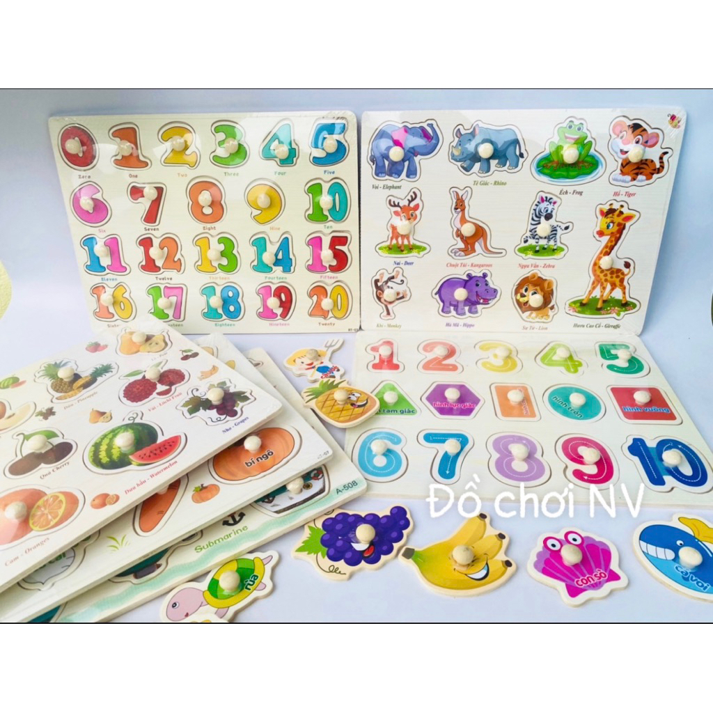 [Gỗ Đẹp] Bảng lắp ghép nhiều chủ đề  gỗ có núm cầm,ghép số,ghép chữ,hình khồi,tư duy cho bé,ảnh thật