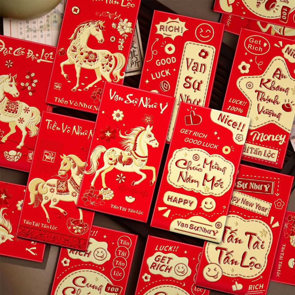 Bao Lì Xì Tết 2026 Bính Ngọ - Set 6 Cái Giấy Đặc Biệt Ép Kim Hình Ngựa Cute HJ002