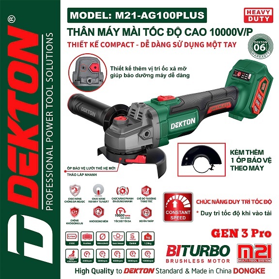 Máy mài pin Dekton M21-AG100PROMAX/M21-AG100PLUS-Chống khởi động lại- Chống sốc lưỡi- 100% dây đồng