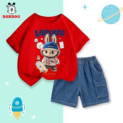 Đồ bộ mùa hè cho bé trai BOBDOG áo cộc quần jean in hình Labubu -CF-KS42 cute cho bé