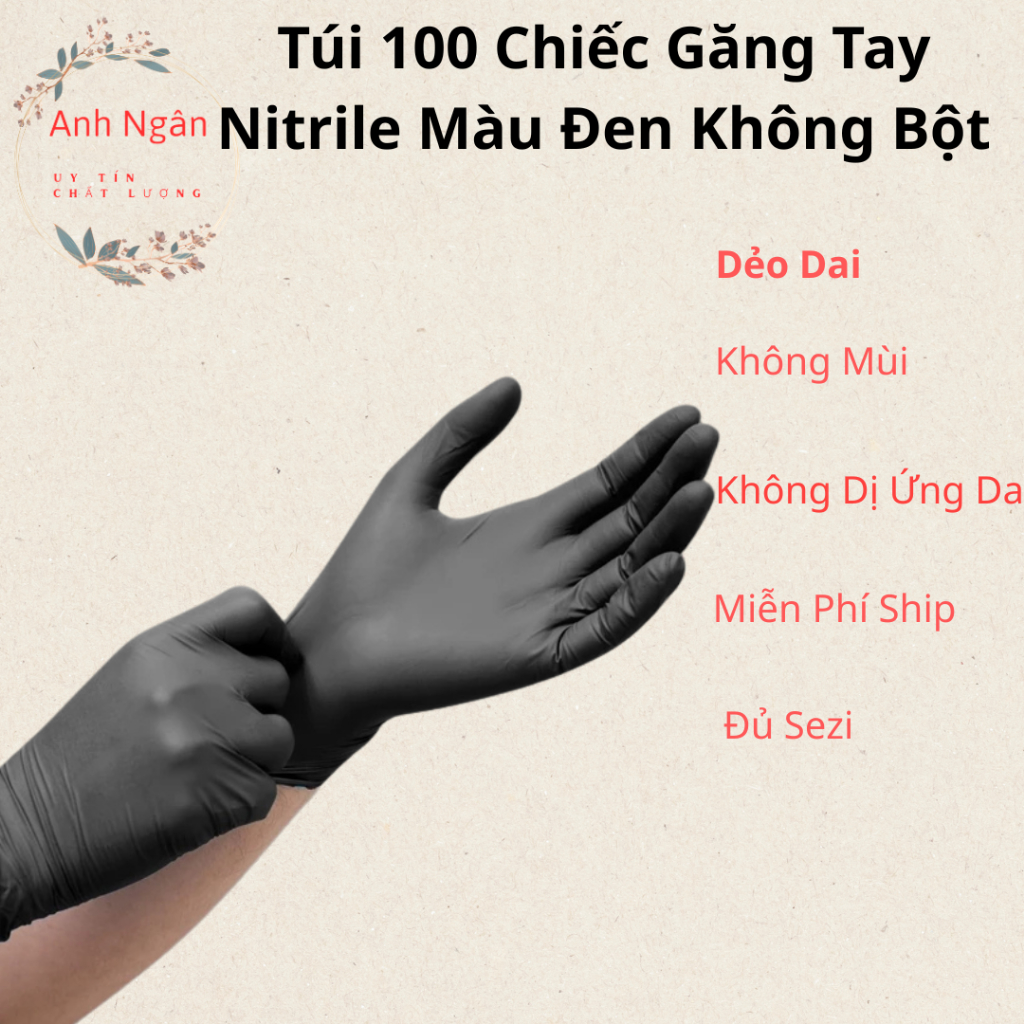 1 tui 100 chiếc găng tay bao tay cao su không bột nitrile màu Đen dùng trong spa ,thẩm mỹ, thực phẩm,quán ăn.cạo mủ