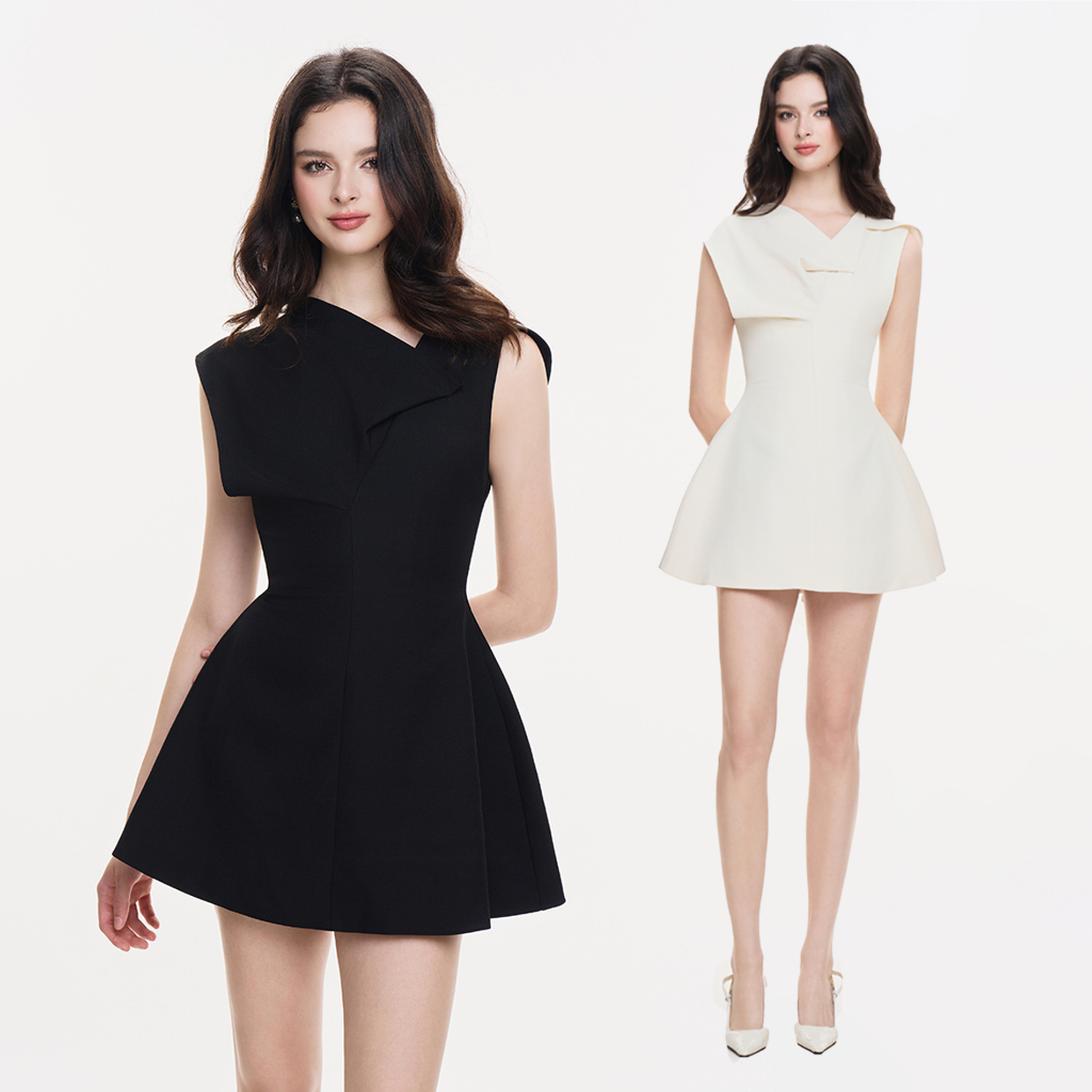 RECHIC Đầm cổ đổ Resie dáng A chiết eo phối cổ thanh lịch sang trọng