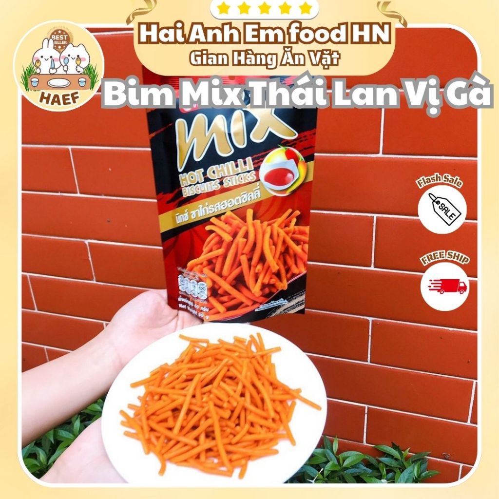 Combo 5 Gói Bim Bim Tăm Cay Mix Thái Lan VFOODS Gói To Đủ Vị, Snack Tăm Cay Thái (60gr), Hai Anh Em 