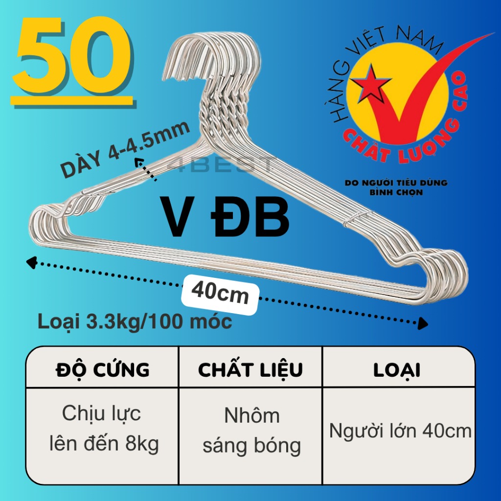 50 móc nhôm V ĐẶC BIỆT DÀY phơi quần áo người lớn | Combo 50 móc treo quần áo đồ SÁNG BÓNG