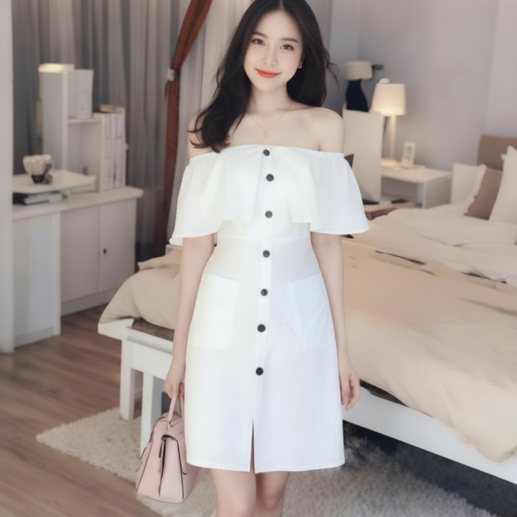 Đầm vintage trắng tiểu thư váy trễ vai thời trang (kèm hình thật)