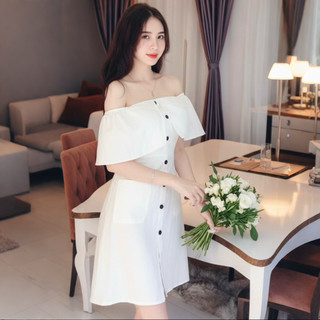Đầm vintage trắng tiểu thư váy trễ vai thời trang (kèm hình thật)
