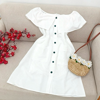 Đầm vintage trắng tiểu thư váy trễ vai thời trang (kèm hình thật)