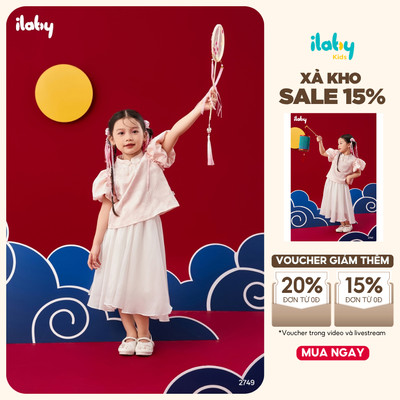 Set váy cổ tàu cho bé gái ILABY Ngọc Châu cổ tàu trang trí áo tay chuông mix chân váy trắng [2749]